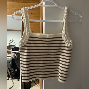 aerie Cream and Brown Striped Cropped Tank with Crochet Straps